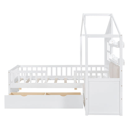 LittleLodge™ Twin House Bed by Little Play World, white kids' Montessori house bed with sofa, drawers, and storage shelf.