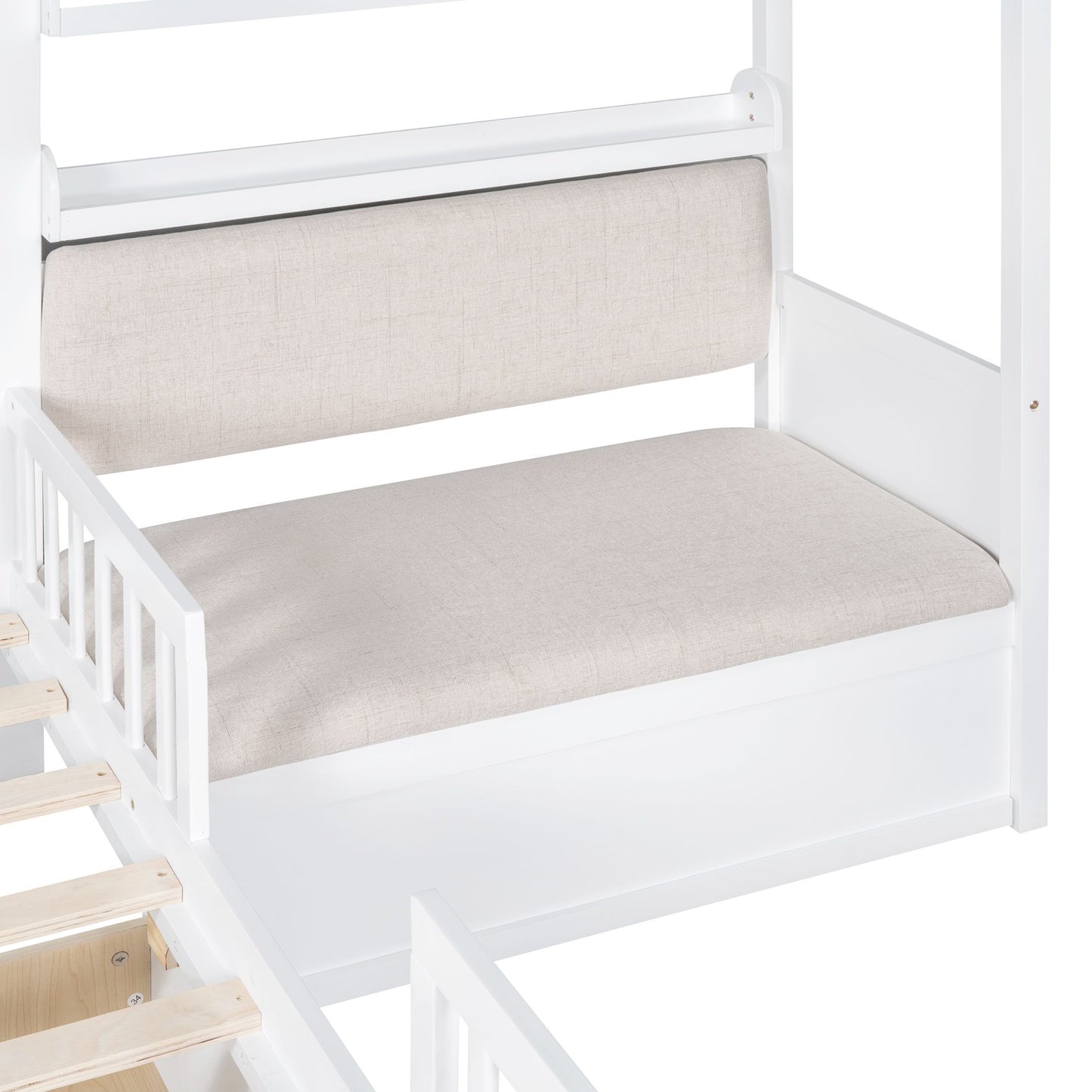 LittleLodge™ Twin House Bed by Little Play World, kids house bed with sofa, drawers, and storage shelf in white, perfect for toddlers.