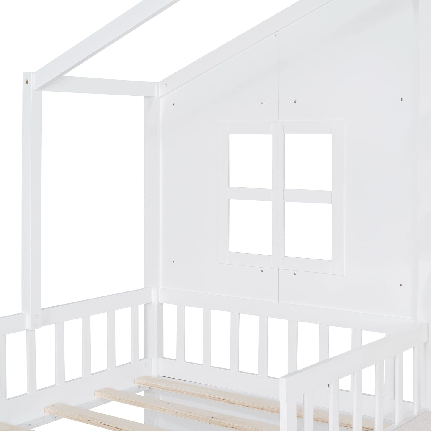 LittleLodge™ Twin House Bed for kids, Montessori-style children’s house bed with sofa, drawers, and storage shelf in white.