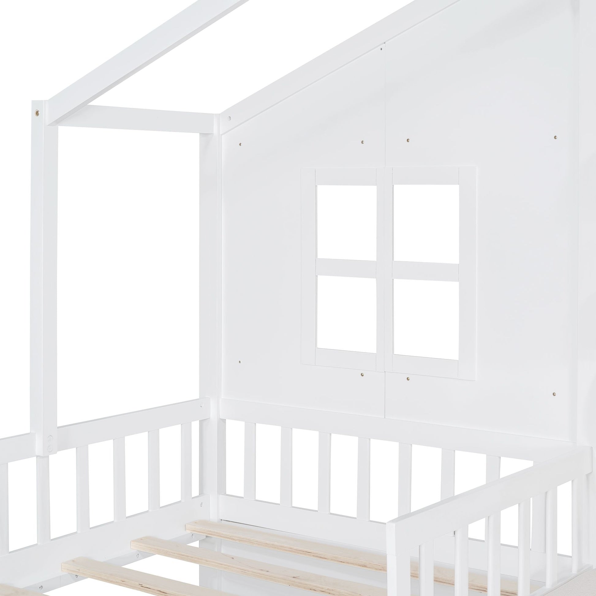 LittleLodge™ Twin House Bed for kids, Montessori-style children’s house bed with sofa, drawers, and storage shelf in white.