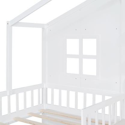 LittleLodge™ Twin House Bed for kids, Montessori-style children’s house bed with sofa, drawers, and storage shelf in white.