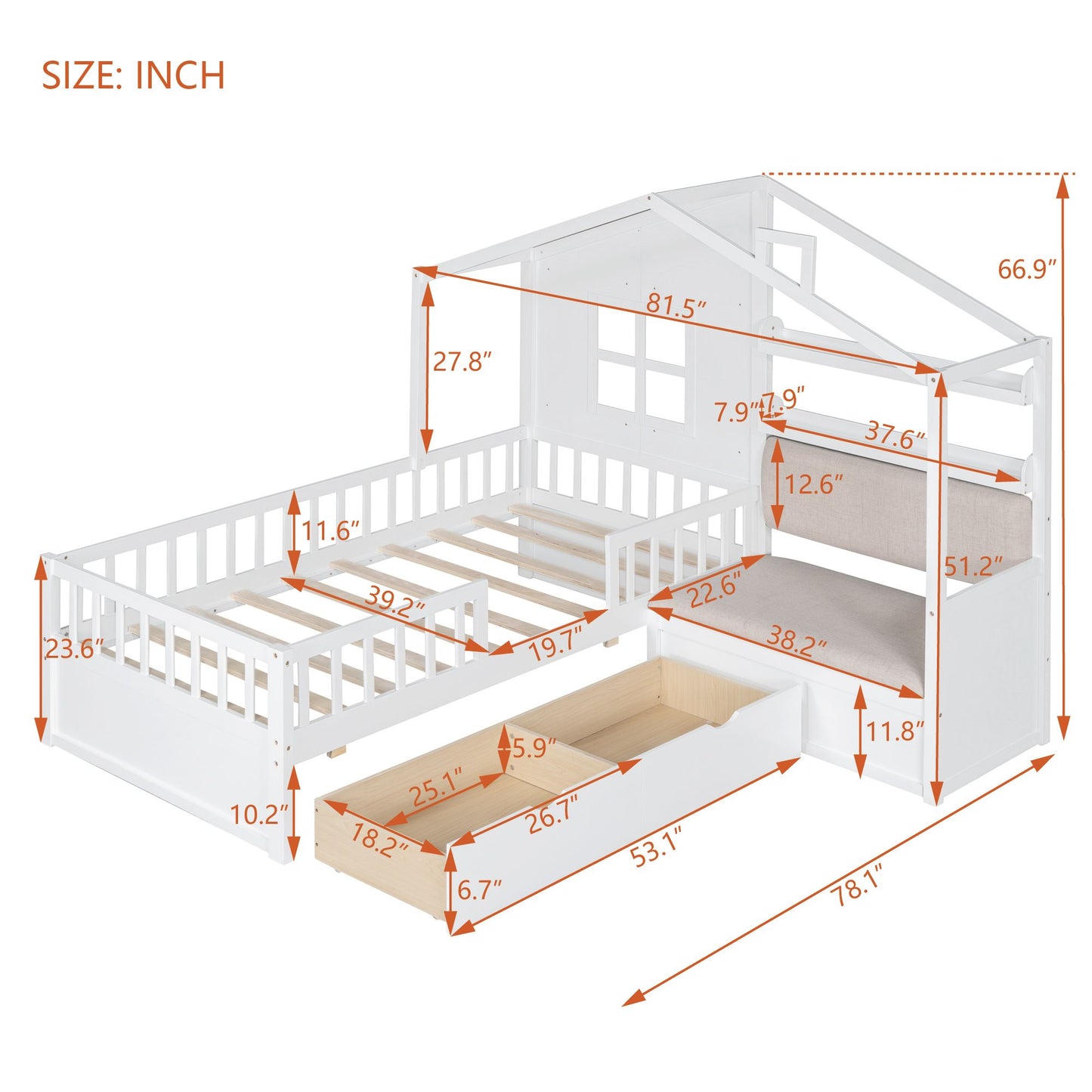 LittleLodge™ Twin House Bed by Little Play World, kids house bed with sofa, drawers, and storage shelf in white for toddlers.