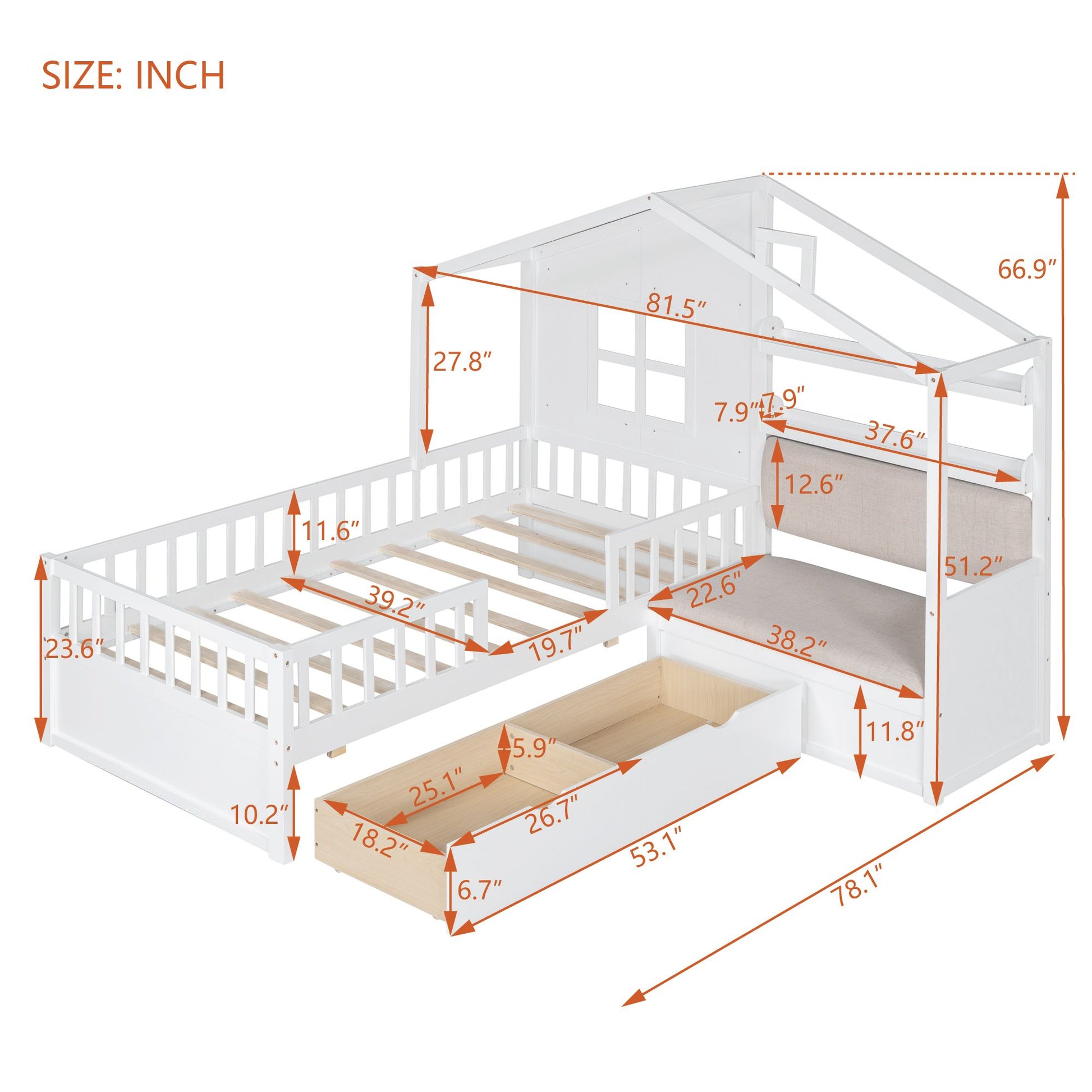 LittleLodge™ Twin House Bed by Little Play World, kids house bed with sofa, drawers, and storage shelf in white for toddlers.