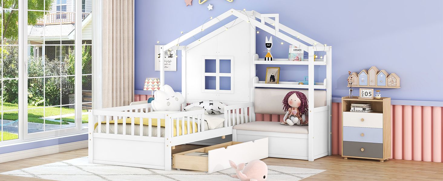LittlePlay World LittleLodge™ Twin House Bed for kids, featuring a house design, storage drawers, and toddler-friendly playhouse style.