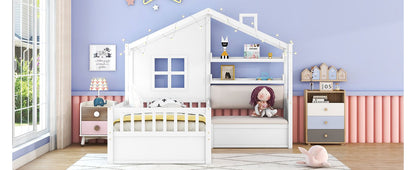 LittleLodge™ Twin House Bed by Little Play World, kids' Montessori house bed with sofa, storage drawers, and playful design.
