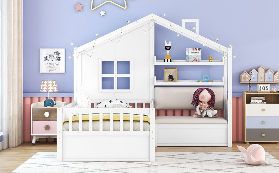 LittleLodge™ Twin House Bed for kids, Montessori-style kids house bed with sofa, drawers, and storage shelf in white.