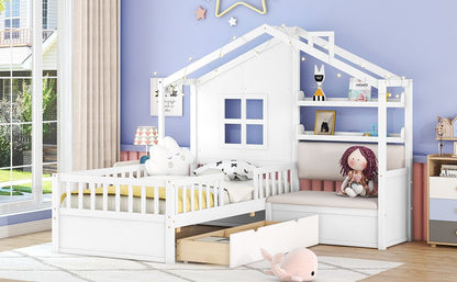 LittleLodge™ Twin House Bed for kids, featuring a house-shaped design, built-in sofa, drawers, and storage shelf in white.