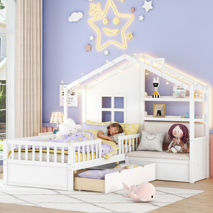 LittleLodge™ Twin House Bed by Little Play World, kids house Montessori bed with sofa, perfect for toddlers and playroom decor.