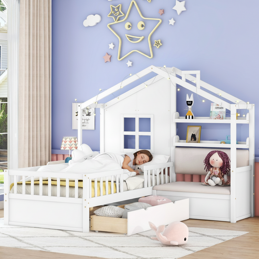 LittleLodge™ Twin House Bed by Little Play World, kids’ house bed with playful design, toddler and Montessori options, with sofa.