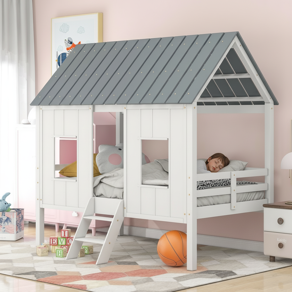 Children's playhouse bed with a gray roof in a bedroom setting.