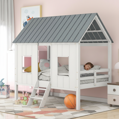 Children's playhouse bed with a gray roof in a bedroom setting.