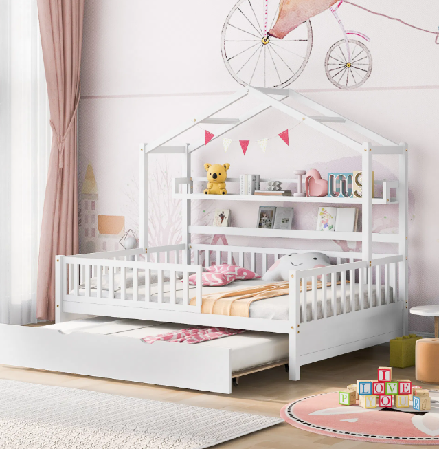 Wooden Full Size House bed with Twin Size Trundle, bed with Shelf, White - Little Play World Store