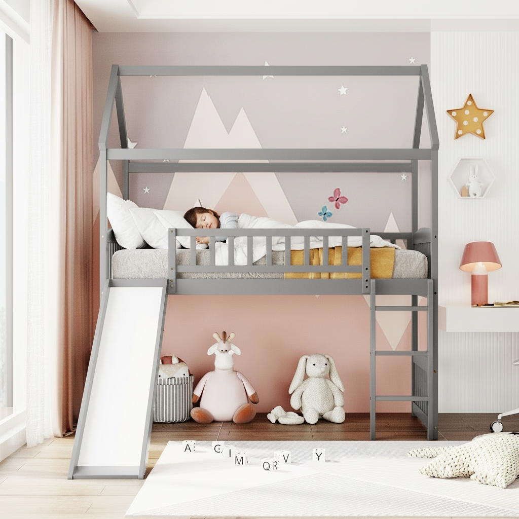 Children's room with a gray house-shaped bed, slide, and toys.
