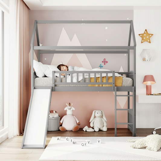Children's room with a gray house-shaped bed, slide, and toys.