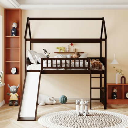 Children's room with a wooden loft bed, shelves, and toys.