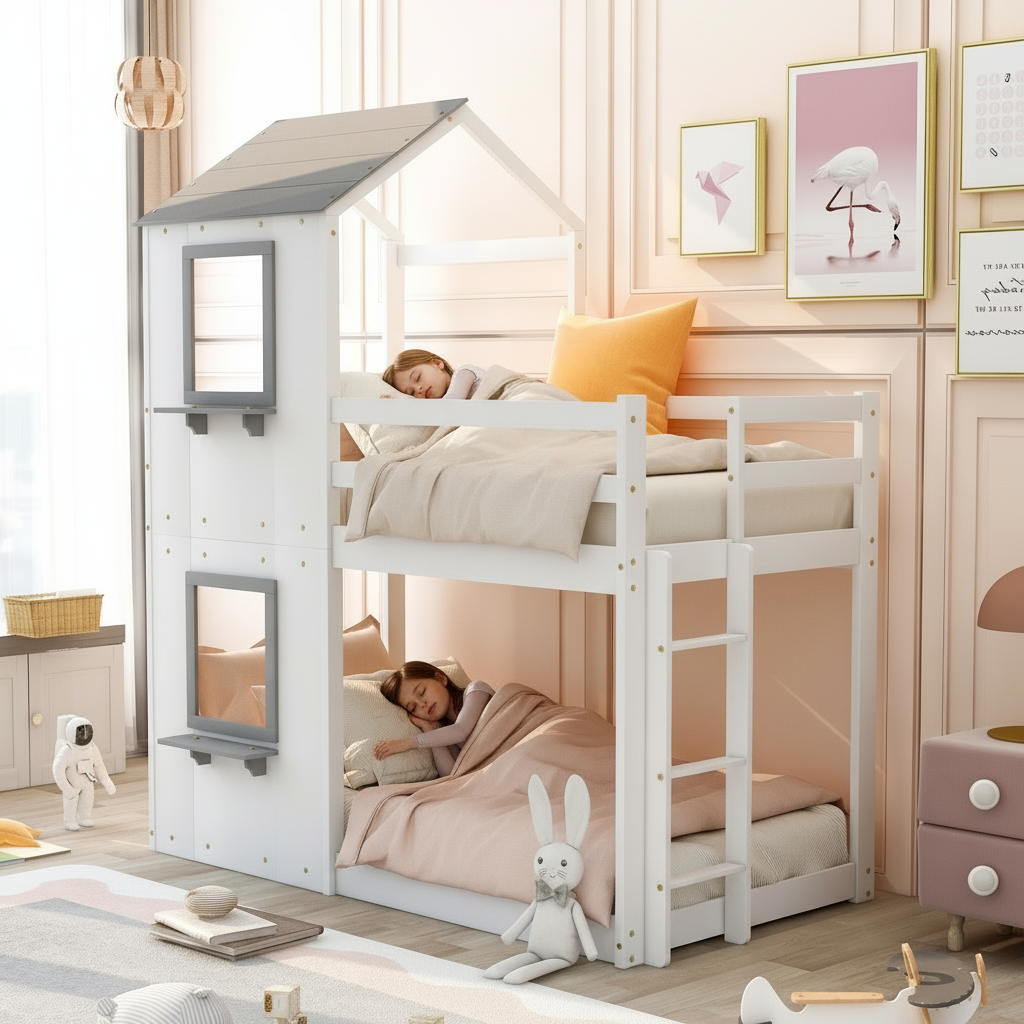 Grey and white DreamLoft twin-over-twin kids house bed with roof, window, guardrails, and playful house design by Little Play World.