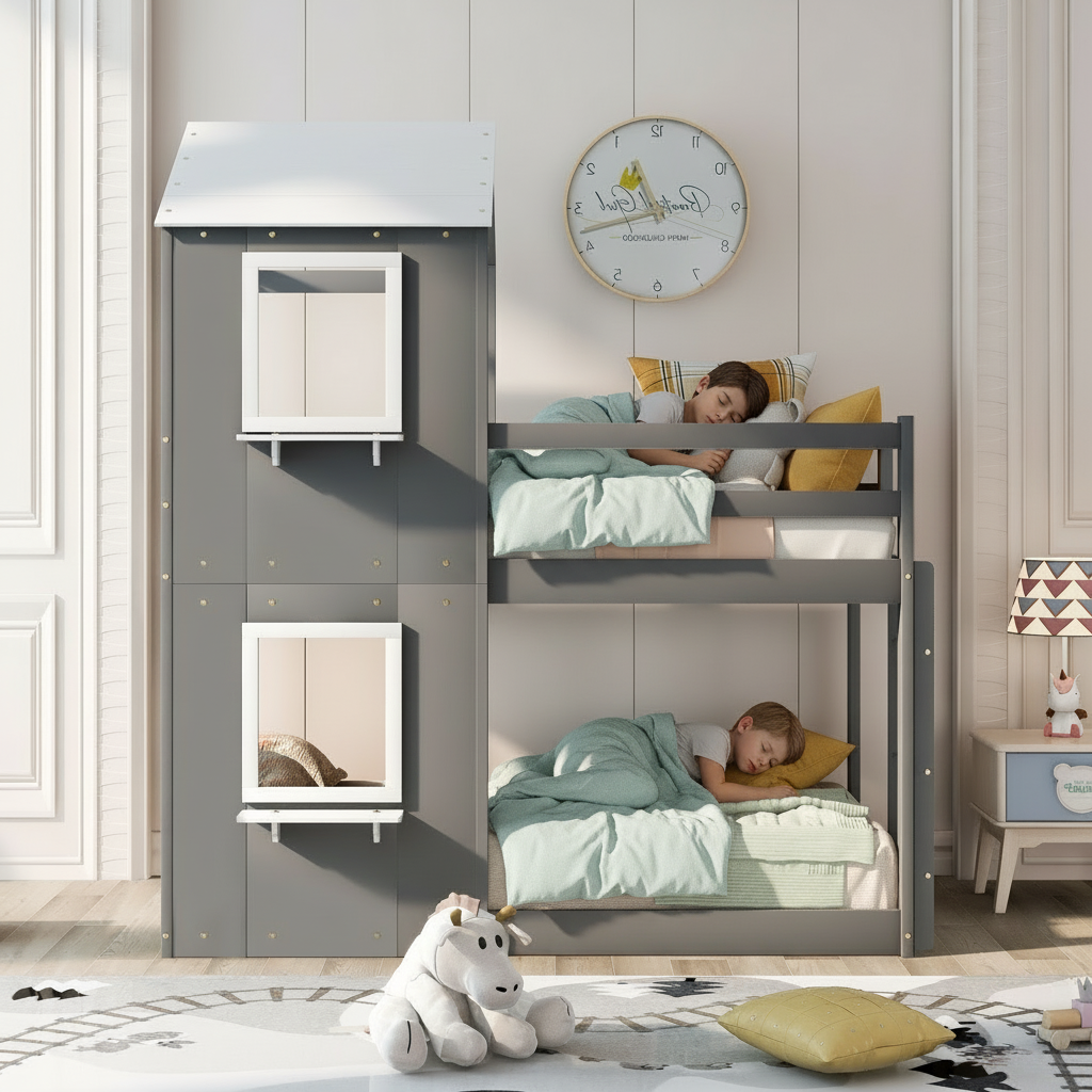 Bunk bed with two children sleeping in a room with a clock on the wall.