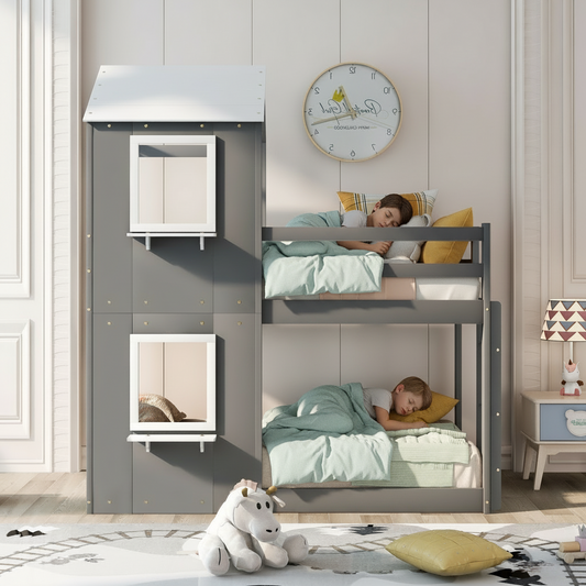 Bunk bed with two children sleeping in a room with a clock on the wall.