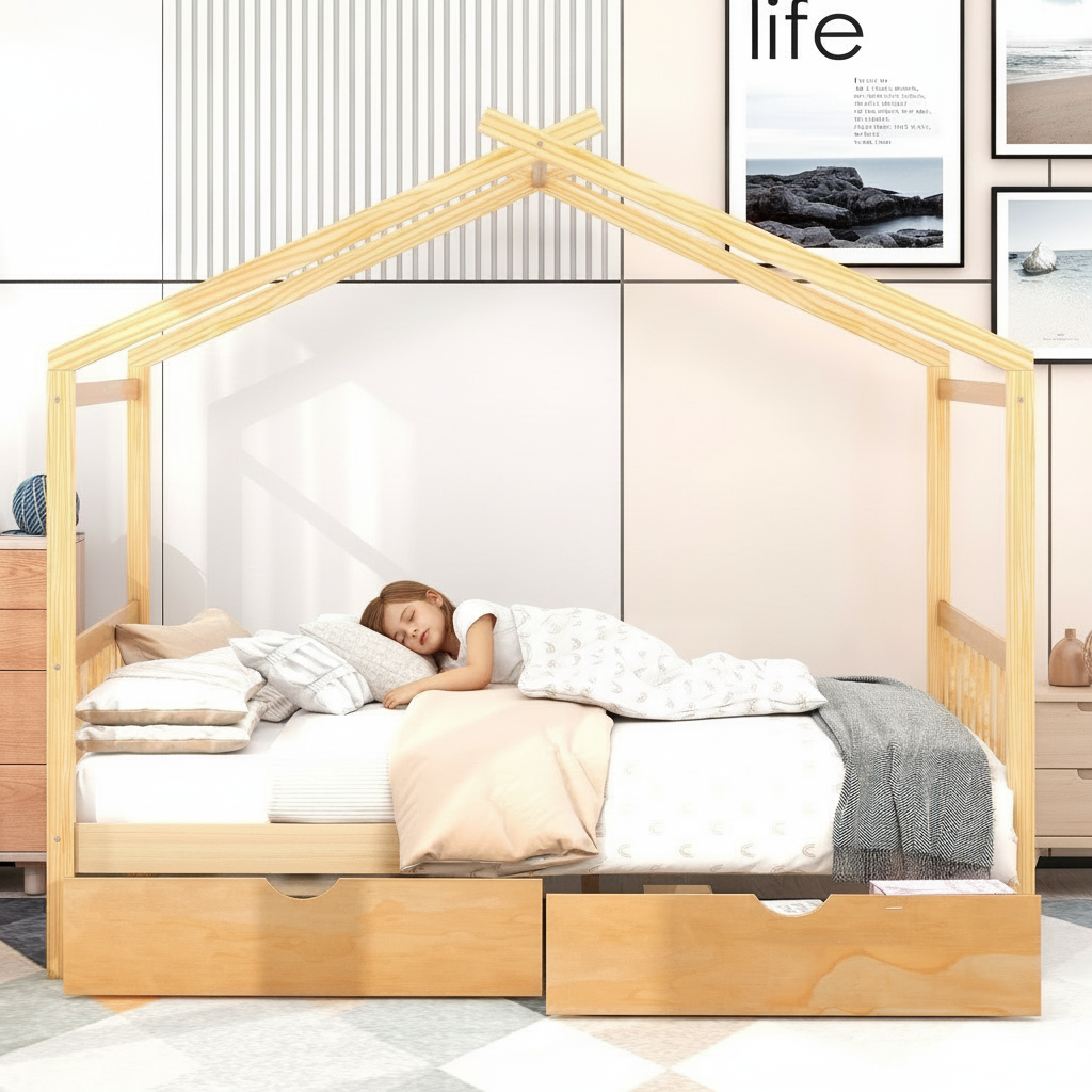 Child sleeping in a wooden house-shaped bed with white bedding in a room setting.