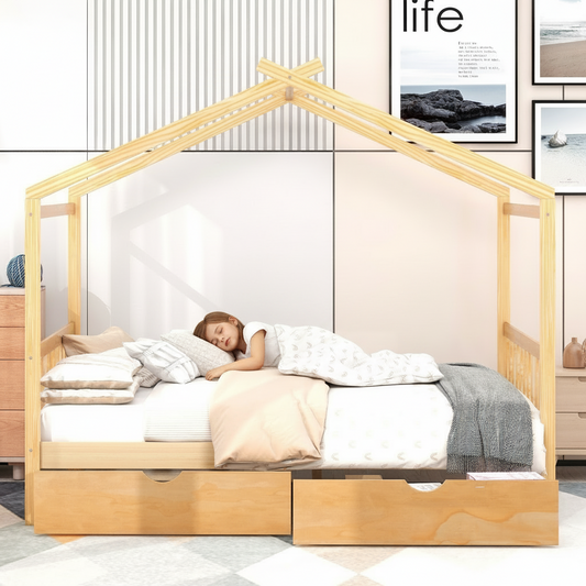 Child sleeping in a wooden house-shaped bed with white bedding in a room setting.