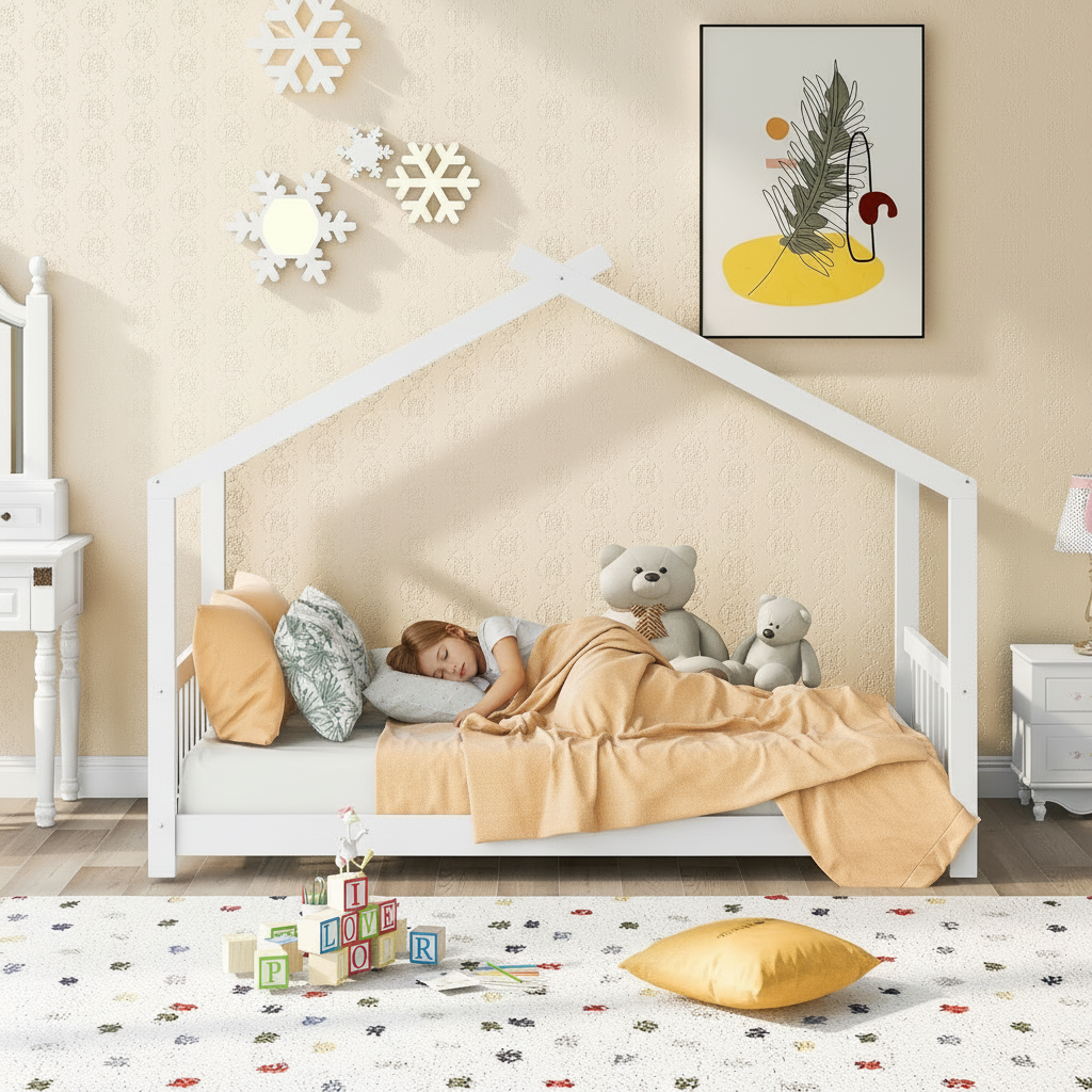 Child in a white house-shaped bed with teddy bears, surrounded by toys and decor in a cozy bedroom.