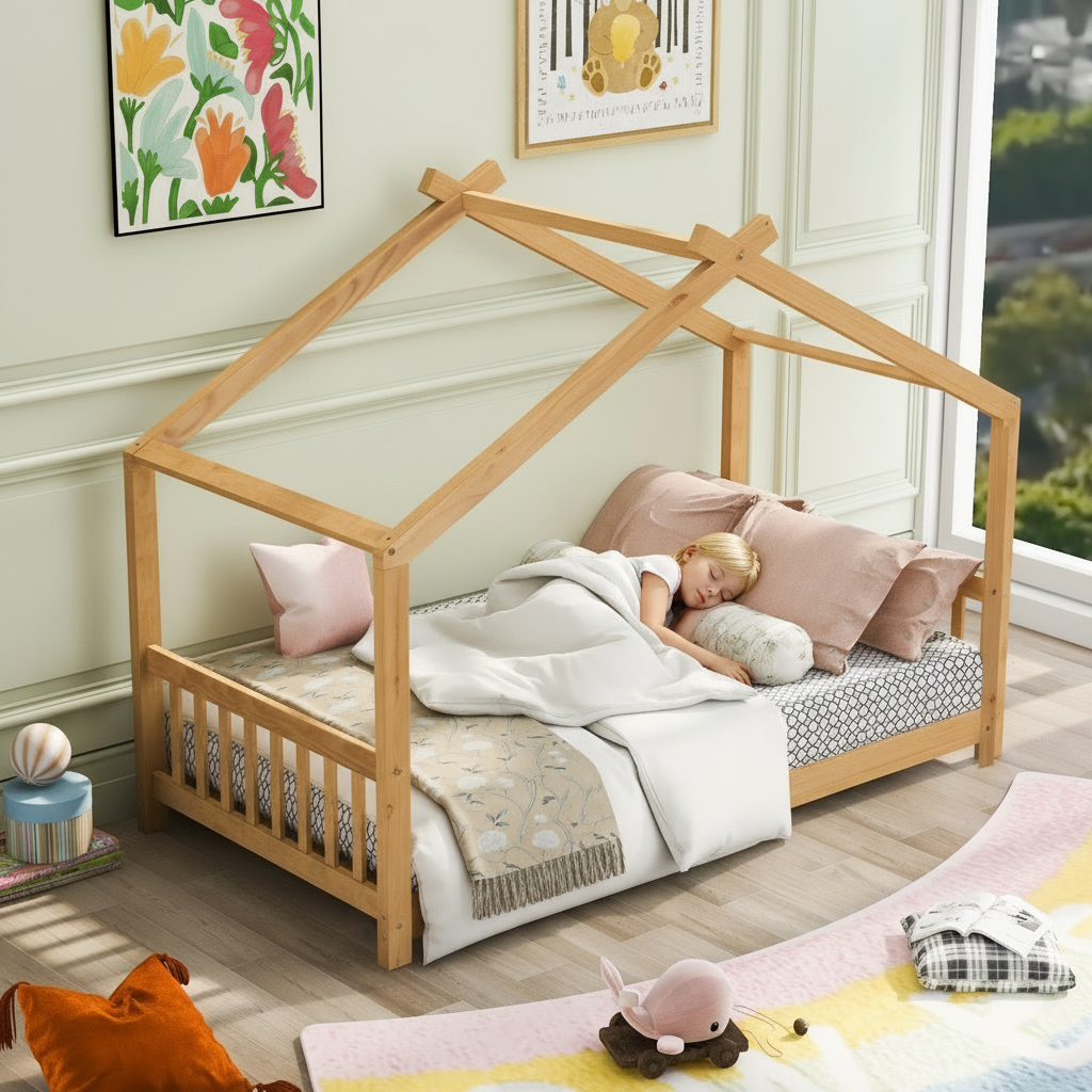 Child sleeping in a wooden house-shaped bed with colorful pillows and toys in a bright room.