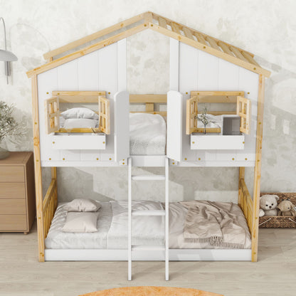 Little Play World twin-over-twin house bunk bed for kids, featuring a playful house design in natural white, ideal for toddlers and children.