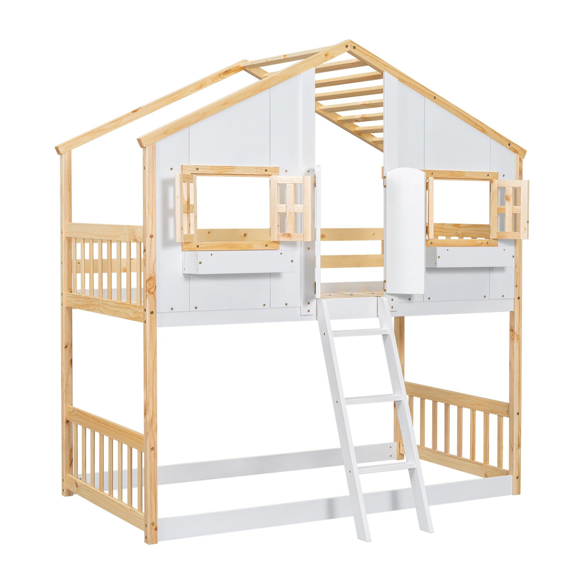 Little Play World twin-over-twin house bunk bed for kids, featuring a fun playhouse design in natural white.