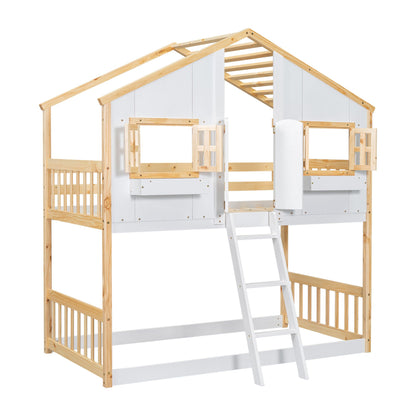 Little Play World twin-over-twin house bunk bed for kids, featuring a fun playhouse design in natural white.