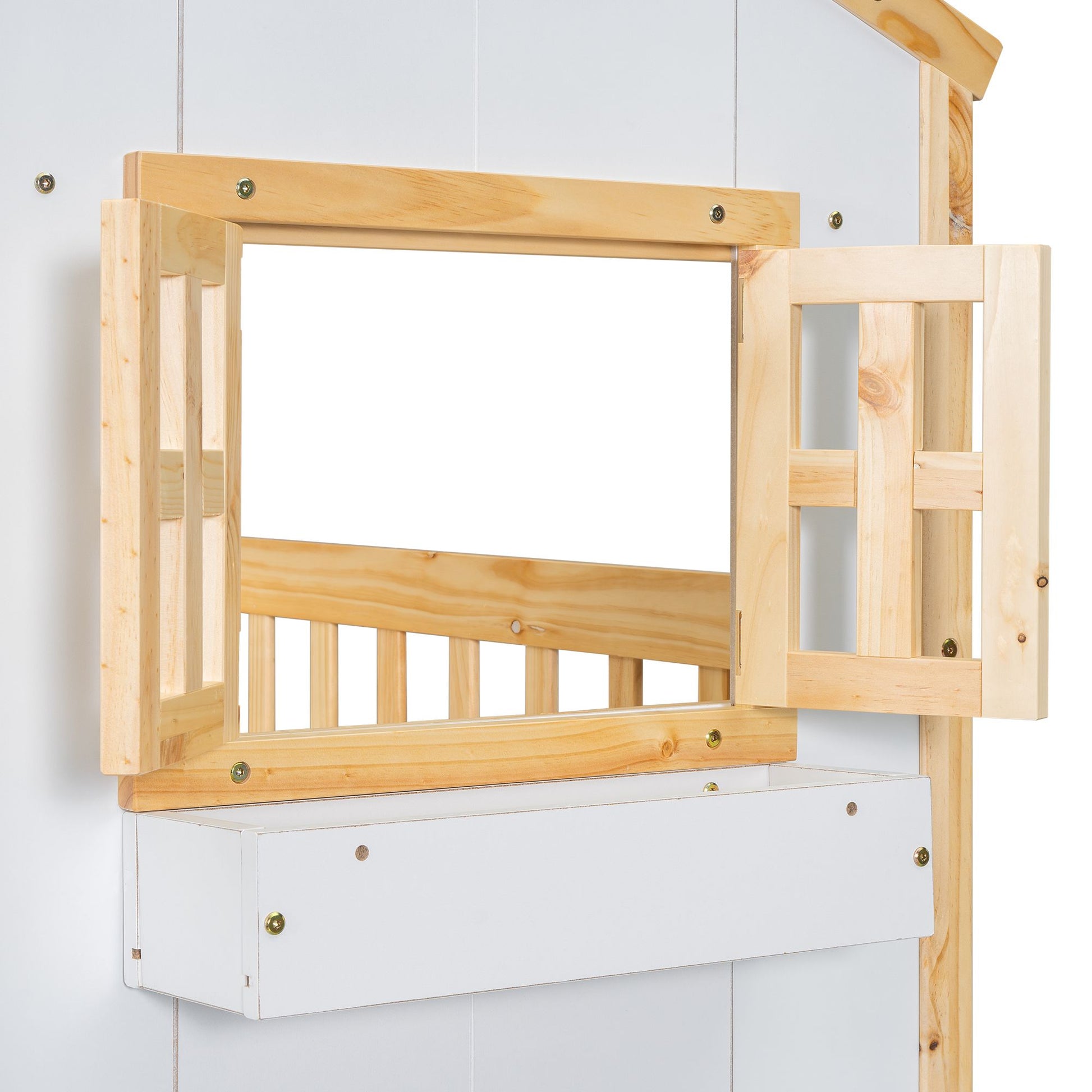 Little Play World twin-over-twin house bunk bed for kids, featuring a playful design with a house theme and natural white finish.