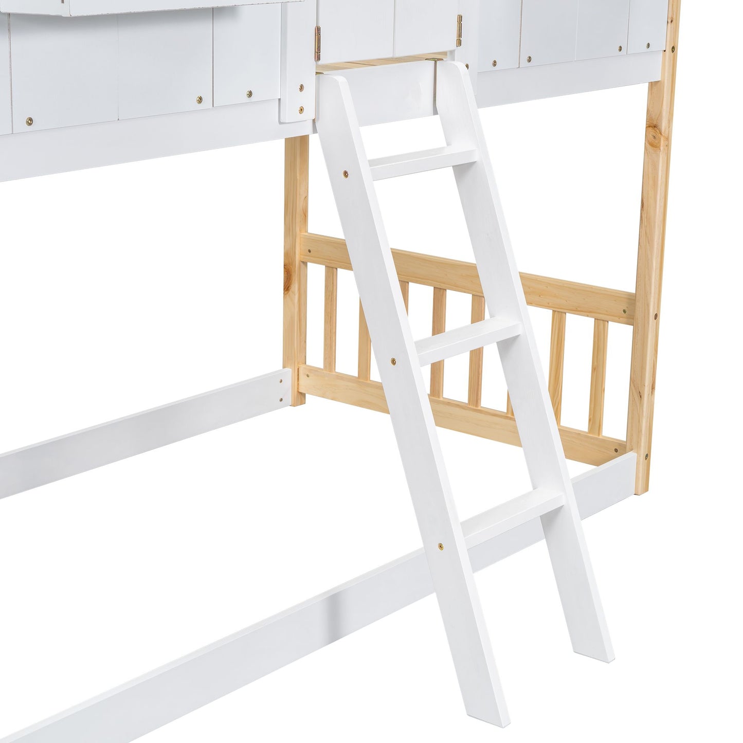 Little Play World twin-over-twin house bunk bed for kids with playhouse design, natural white finish, perfect for toddlers and children.