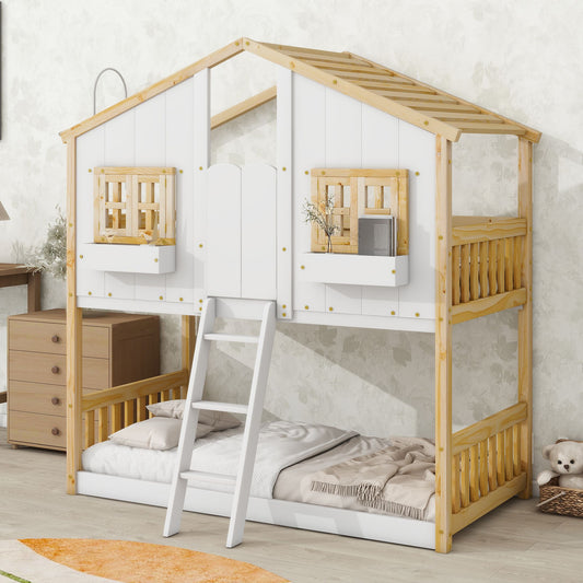 Little Play World twin-over-twin house bunk bed for kids, featuring a playful house design, perfect for toddlers and children.
