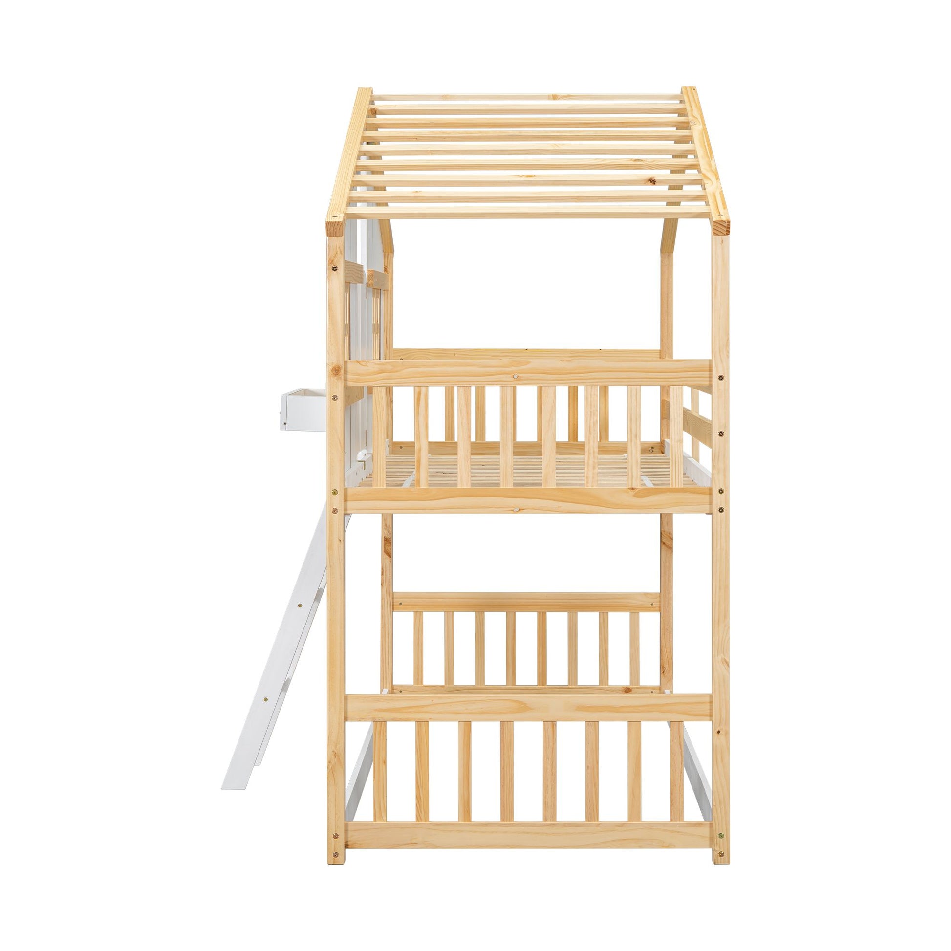 Little Play World twin-over-twin house bunk bed for kids, featuring a playful house design in natural white, perfect for toddlers and children.