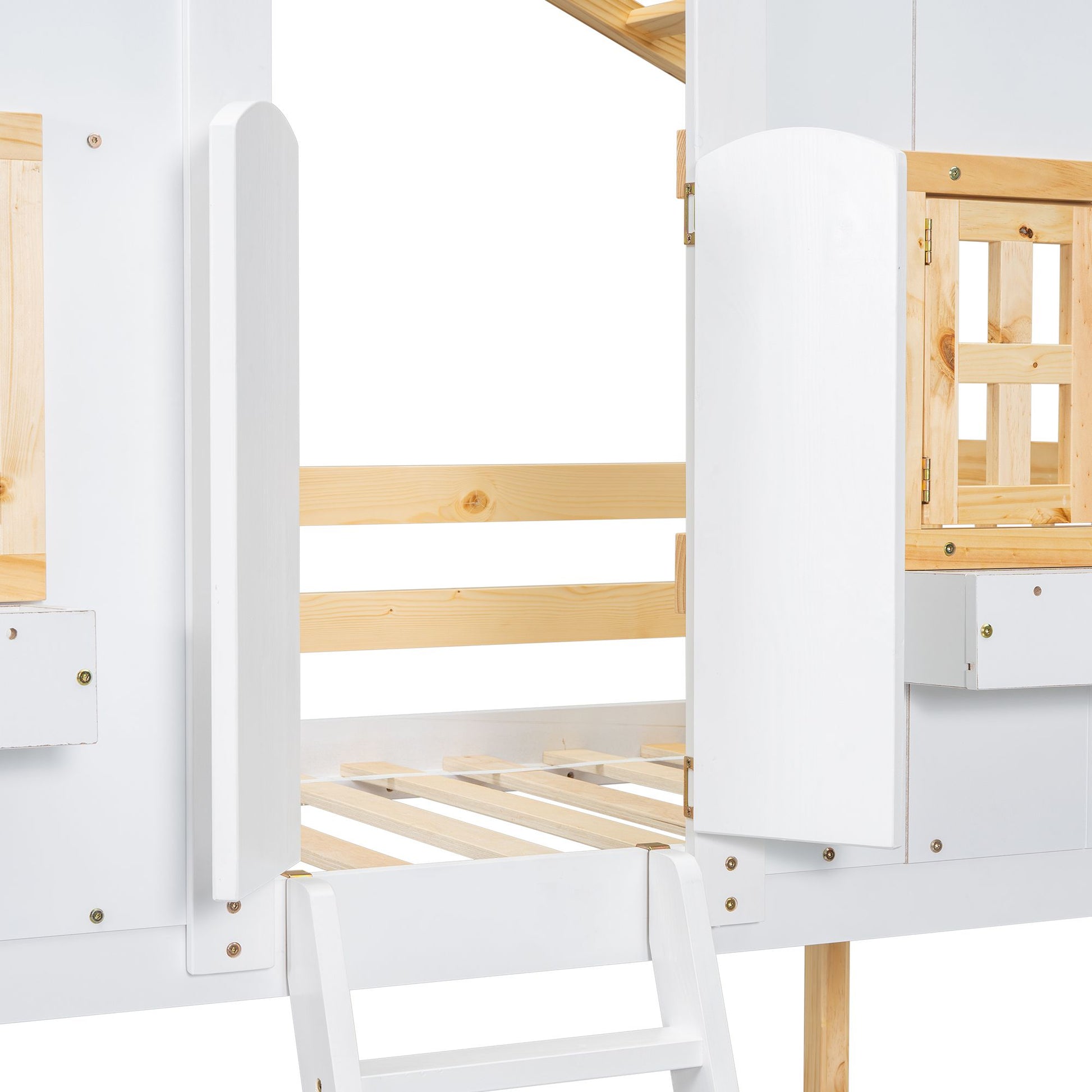 Little Play World HavenHome twin-over-twin house bunk bed for kids, featuring a playful house design in natural white.
