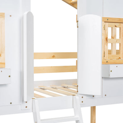 Little Play World HavenHome twin-over-twin house bunk bed for kids, featuring a playful house design in natural white.