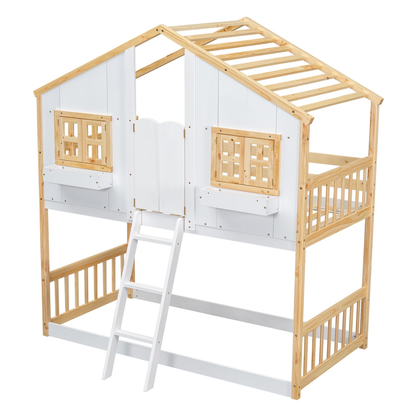 Little Play World twin-over-twin house bunk bed for kids, featuring a playful house design in natural white, perfect for toddlers and kids.