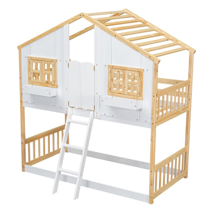 Little Play World twin-over-twin house bunk bed for kids, featuring a playful house design in natural white, perfect for toddlers and kids.