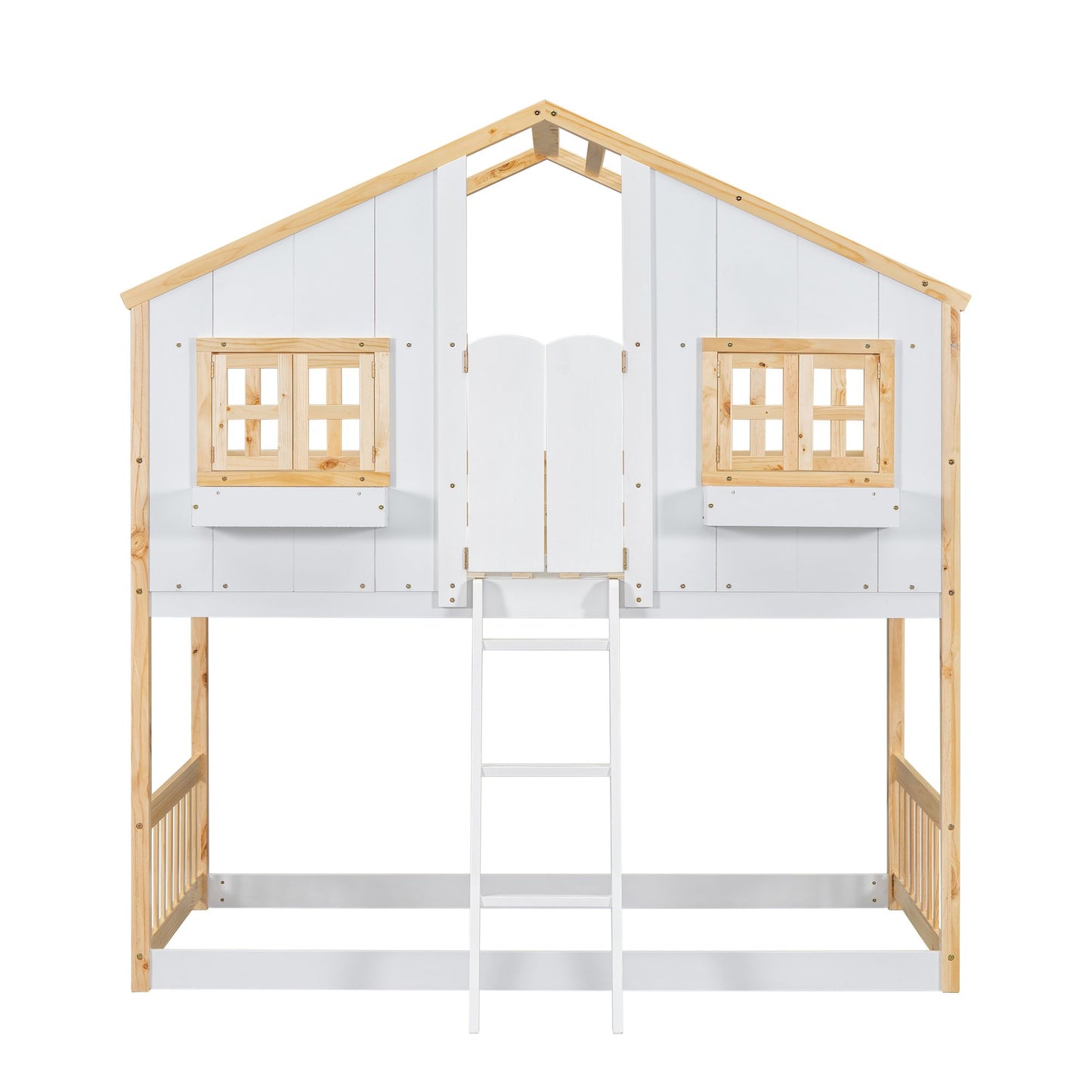 Little Play World twin-over-twin house bunk bed for kids featuring a playful house design in natural white, perfect for toddlers and children.
