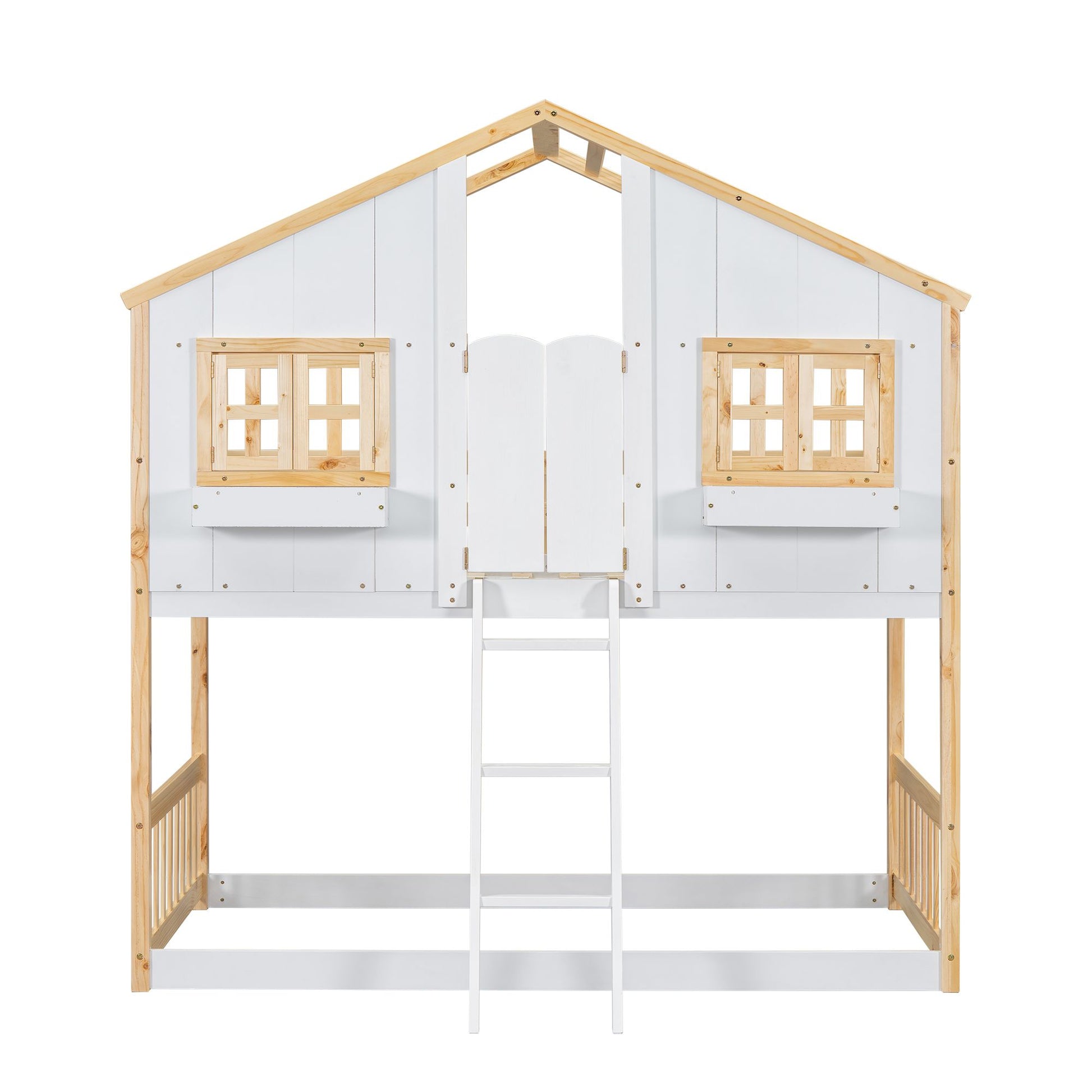 Little Play World twin-over-twin house bunk bed for kids featuring a playful house design in natural white, perfect for toddlers and children.
