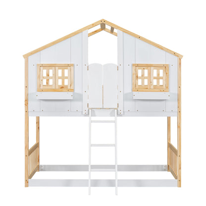 Little Play World twin-over-twin house bunk bed for kids featuring a playful house design in natural white, perfect for toddlers and children.