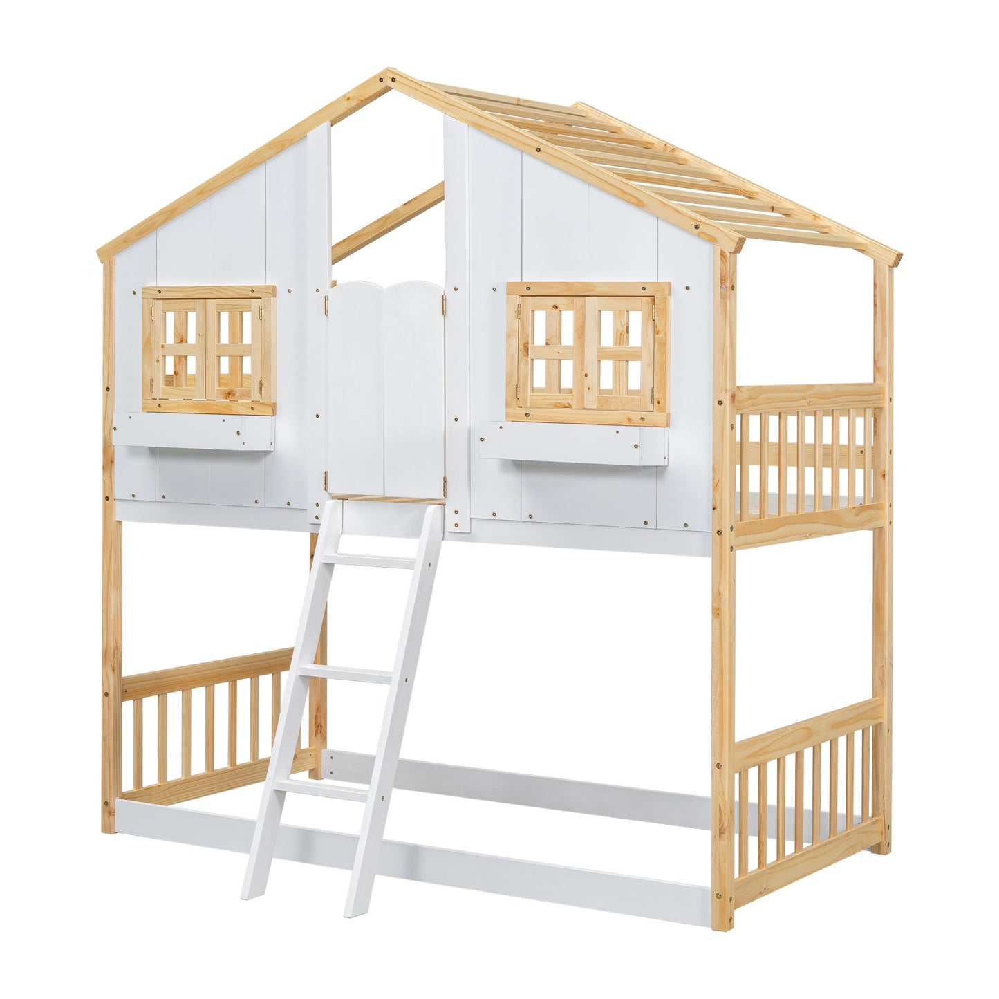 Little Play World twin-over-twin house bunk bed for kids, featuring a playful house design in natural white, ideal for toddlers and kids.