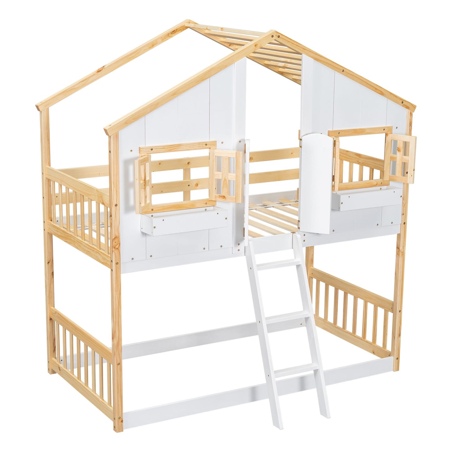 Little Play World twin-over-twin house bunk bed for kids, featuring a playful house and car design in natural white.