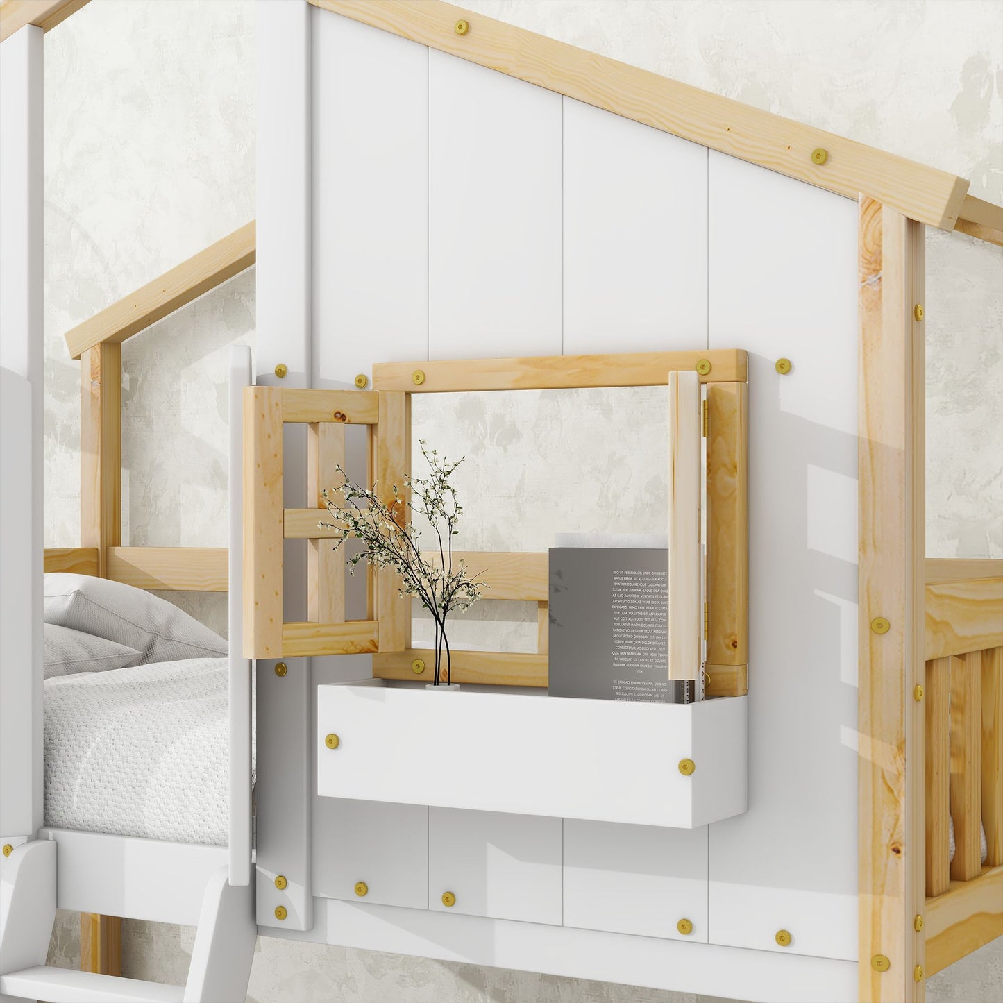 Little Play World Twin-over-Twin house bunk bed for kids, featuring a playful house design in natural white, ideal for toddlers and kids.