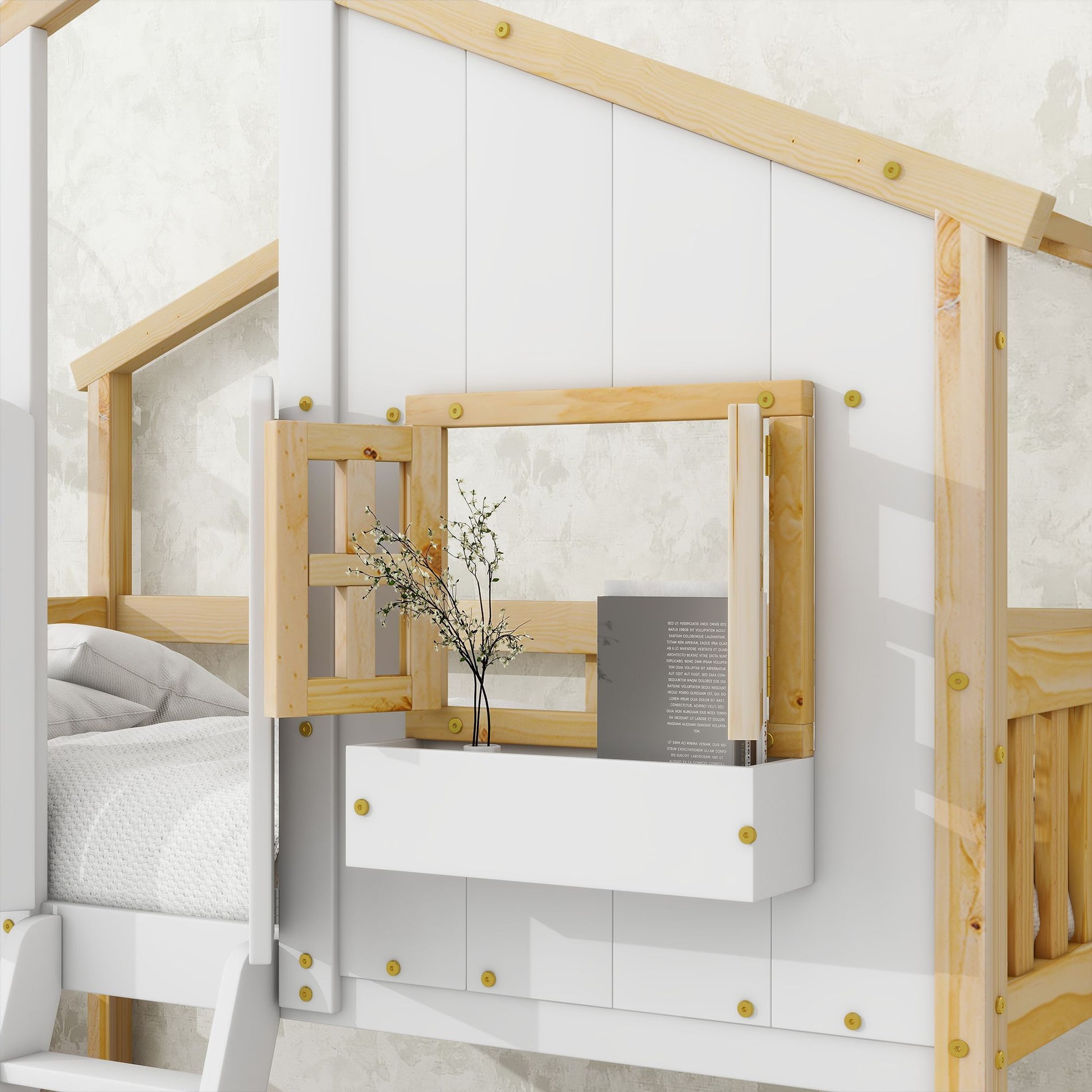 Little Play World Twin-over-Twin house bunk bed for kids, featuring a playful house design in natural white, ideal for toddlers and kids.