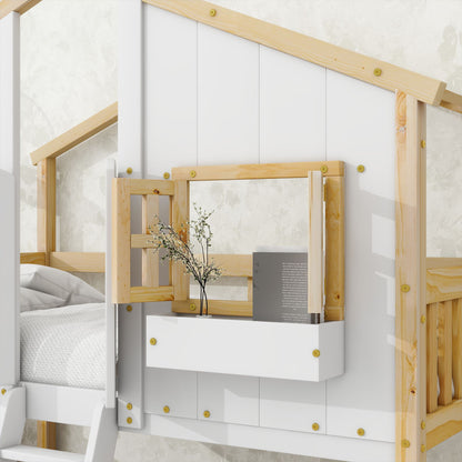 Little Play World Twin-over-Twin house bunk bed for kids, featuring a playful house design in natural white, ideal for toddlers and kids.
