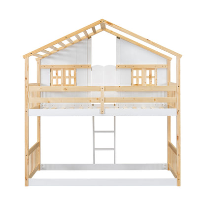 Natural white HavenHome™ twin-over-twin kids house bunk bed with playhouse design, featuring a fun, toddler-friendly Montessori style.