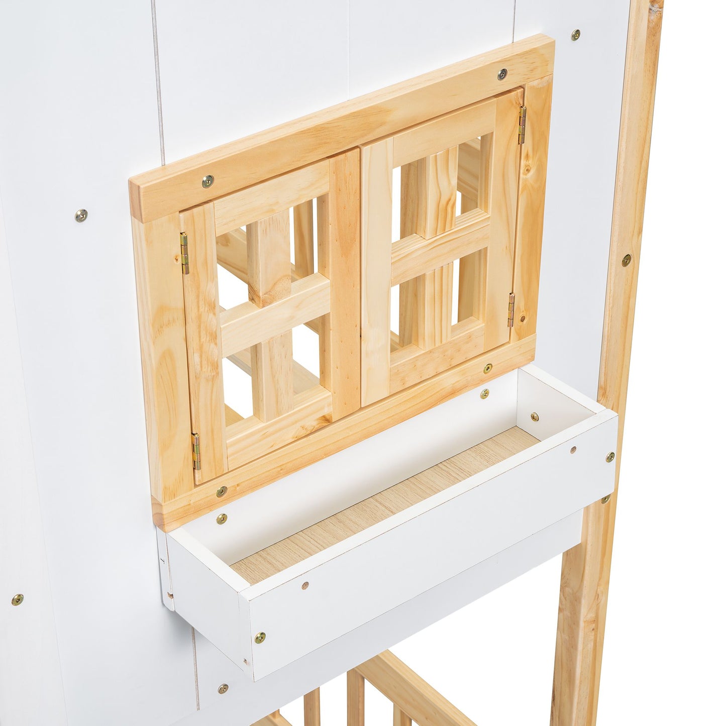 Little Play World HavenHome Twin-over-Twin house bunk bed for kids, featuring a playful house design in natural white for children.