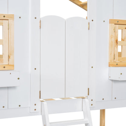 Little Play World HavenHome twin-over-twin house bunk bed for kids, featuring a playful house design in natural white, ideal for toddlers.