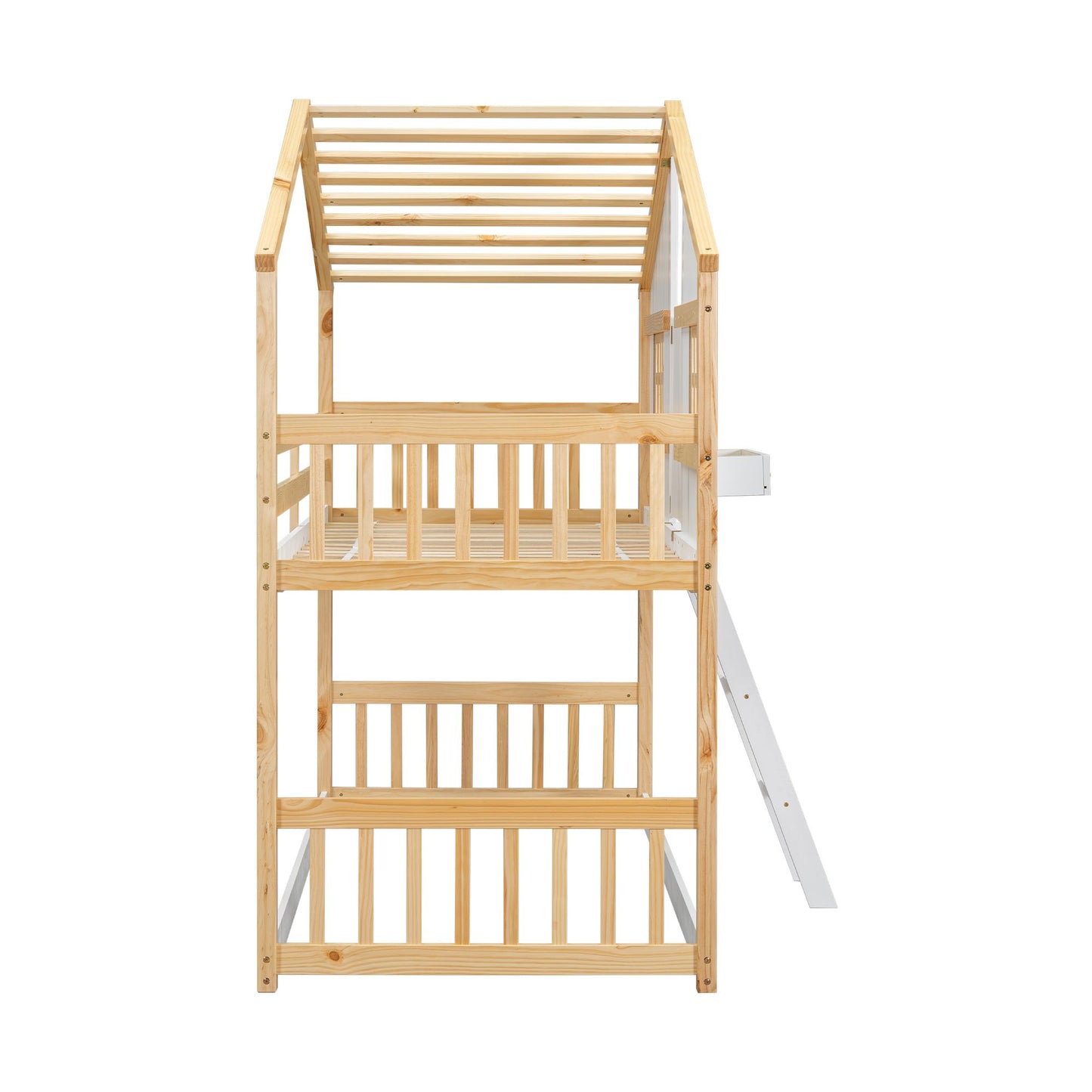 Little Play World twin-over-twin house bunk bed for kids featuring playful house and car theme in natural white, ideal for toddlers.