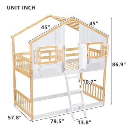 Little Play World HavenHome twin-over-twin house bunk bed for kids, featuring a playful house design in natural white finish.